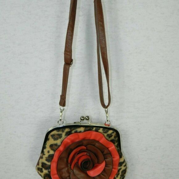 Lavive Purse Brown Red Animal Print with 3D Flower‎ - Picture 5 of 8